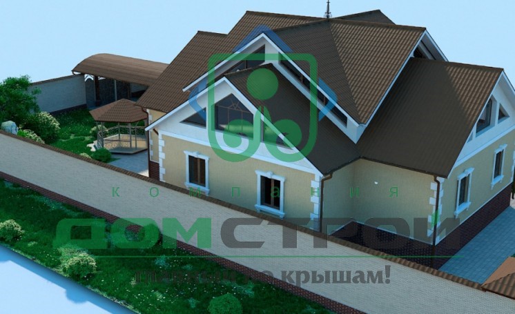 Компактный дом с мансардой загородного типа выполнен по каркасной технологии